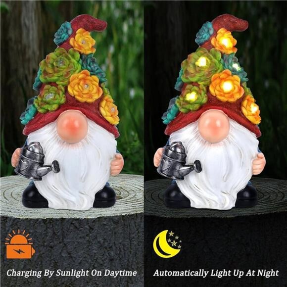 Garden Gnome Statue Outdoor Decor, Resin Gnome Figurine with Watering Can - Picture 4 of 8